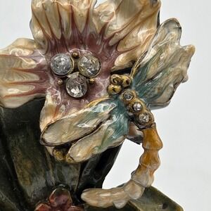 Vintage Y2K Victorian Metal Jeweled Picture Holder Dragonfly on Flower